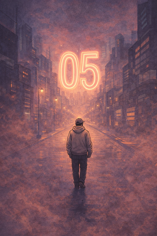 End-of-page visual: oO5 Dynasty walking away under the glowing 05